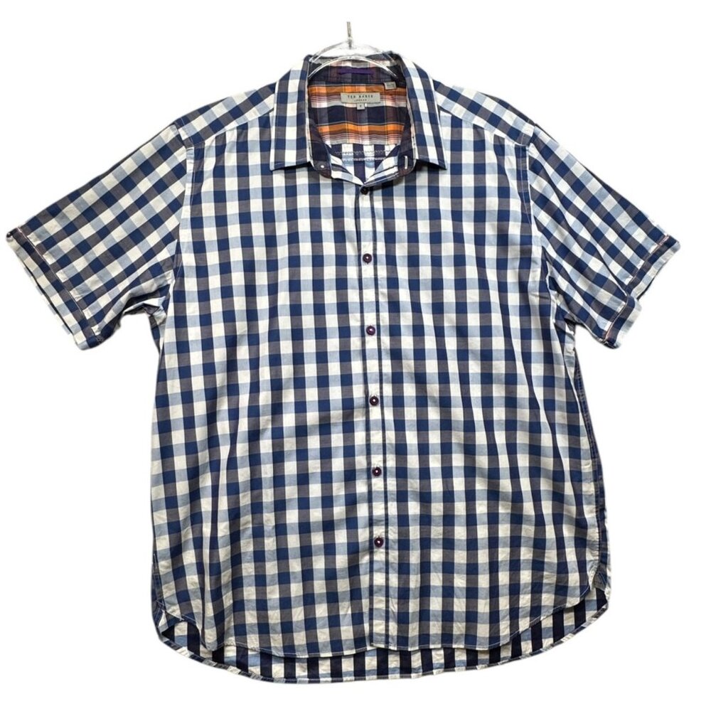 Ted Baker Mens Blue & White Gingham Short Sleeve Button-Up Shirt Size 6